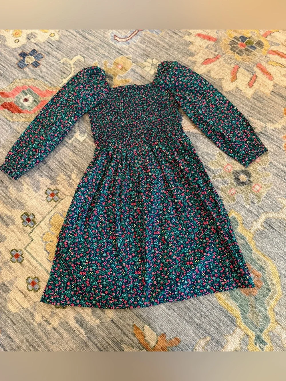 crewcuts Girls' long-sleeve teal smocked dress in floral size 10